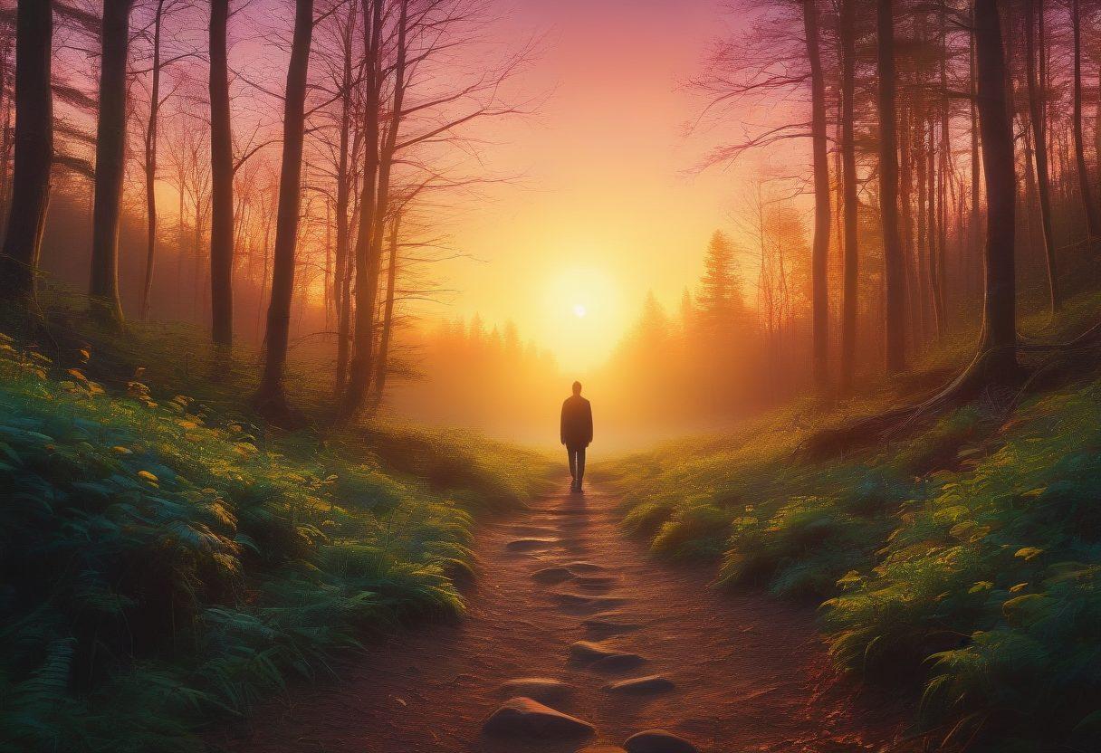 A serene landscape depicting a person standing on a forked path, one side leading to a vibrant sunrise symbolizing self-awareness, and the other side descending into a tranquil forest representing emotional intelligence. The person looks contemplative, holding a glowing orb that represents personality assessments above their head, radiating colorful energy. Soft, ethereal light surrounds the scene, inviting viewers to explore their inner selves. surrealism. warm and cool tones. high contrast.