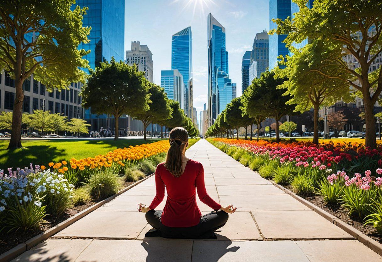 A serene split-image showcasing two paths: one representing personal growth with blooming flowers, sunlight, and a figure meditating; the other depicting professional development with a corporate environment, skyscrapers, and a person confidently leading a meeting. Include visual elements like the Myers-Briggs personality types symbols subtly integrated into the scenery. vibrant colors. 3D. inspirational.
