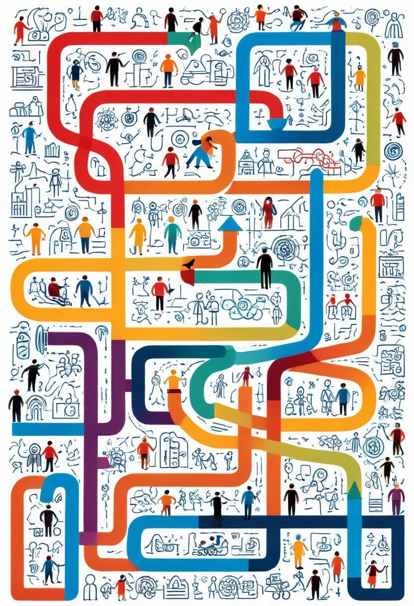 An illustrated maze symbolizing diverse career paths, incorporating MBTI personality types represented as colorful icons along the routes. Include vibrant paths intertwining to depict teamwork, with individuals collaboratively assessing their strengths and weaknesses. The background should reflect a harmonious blend of professional environments like office spaces and team activities. vector art. vibrant colors. white background.